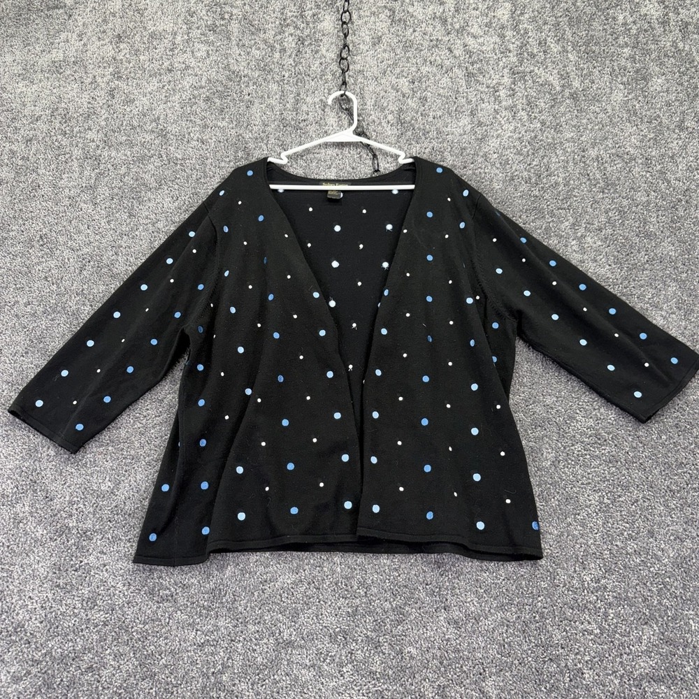 Sydney Easton Sweater Cardigan Womens 3X Black Polka Dot Open Front Knit Plus